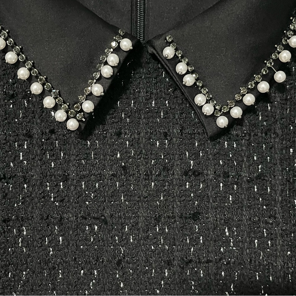 Karl Lagerfeld Paris short-sleeve bouclé-tweed Peter Pan collar A-line dress - Picture 9 of 9